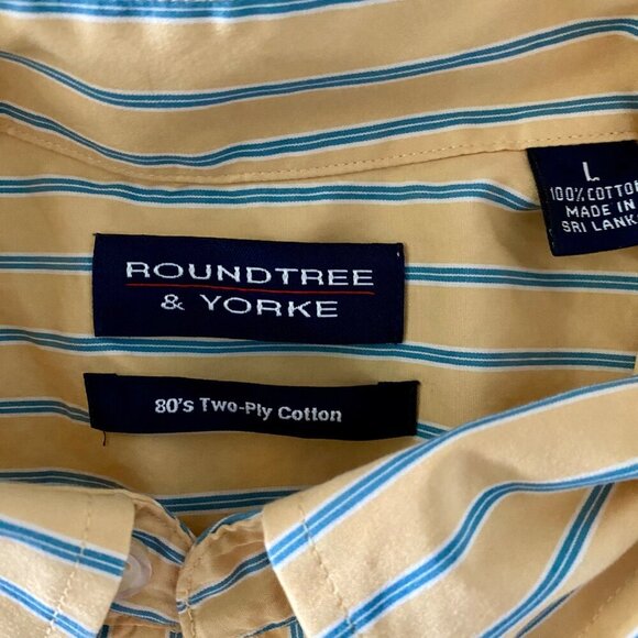 Roundtree & Yorke Yellow Blue Stripes Short Sleeve Button Down Shirt Men’s Large - Picture 7 of 8